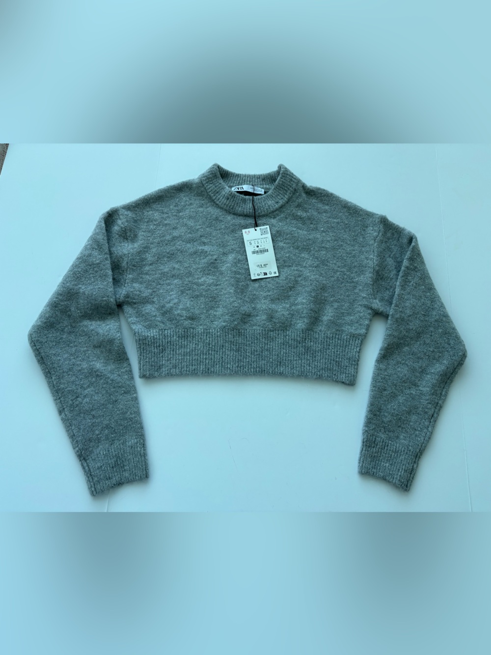 Zara Gray Marled Cropped Crewneck Sweater Wool Blend Size S NWT